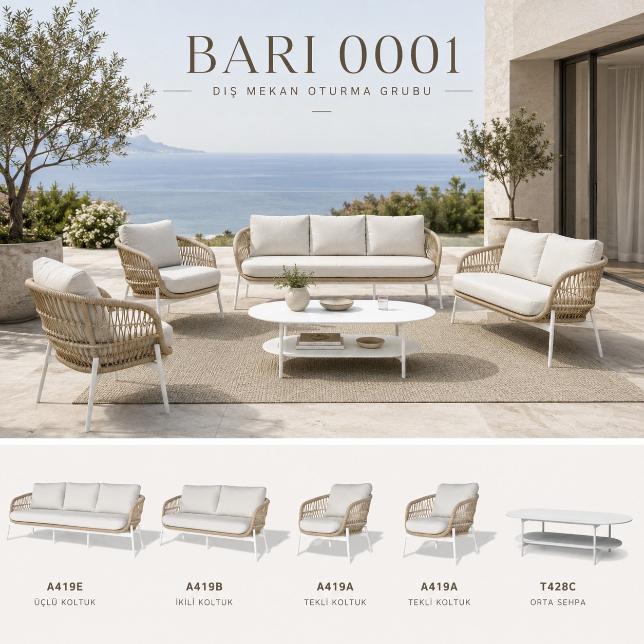 Bari Oturma Takımı: 3'lü+2'li+2 Tekli+Orta Sehpa, Krem/Beyaz Alüminyum