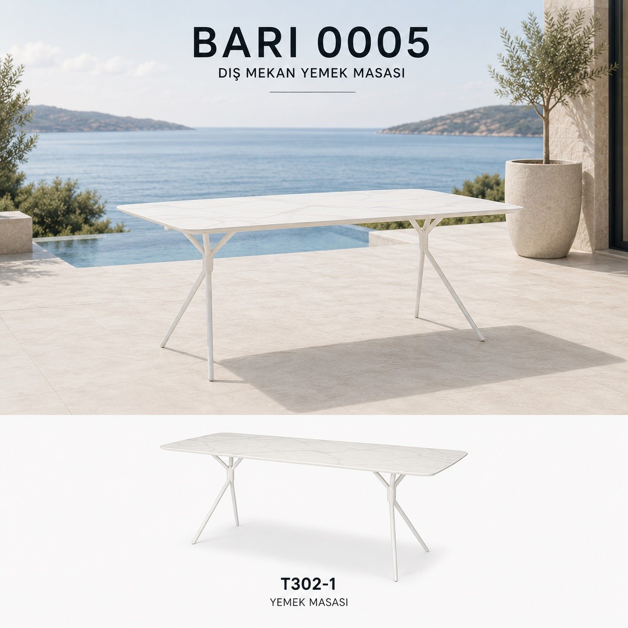 Bari Yemek Masası 240x100x75 cm, Beyaz Sinter Taşlı Alüminyum