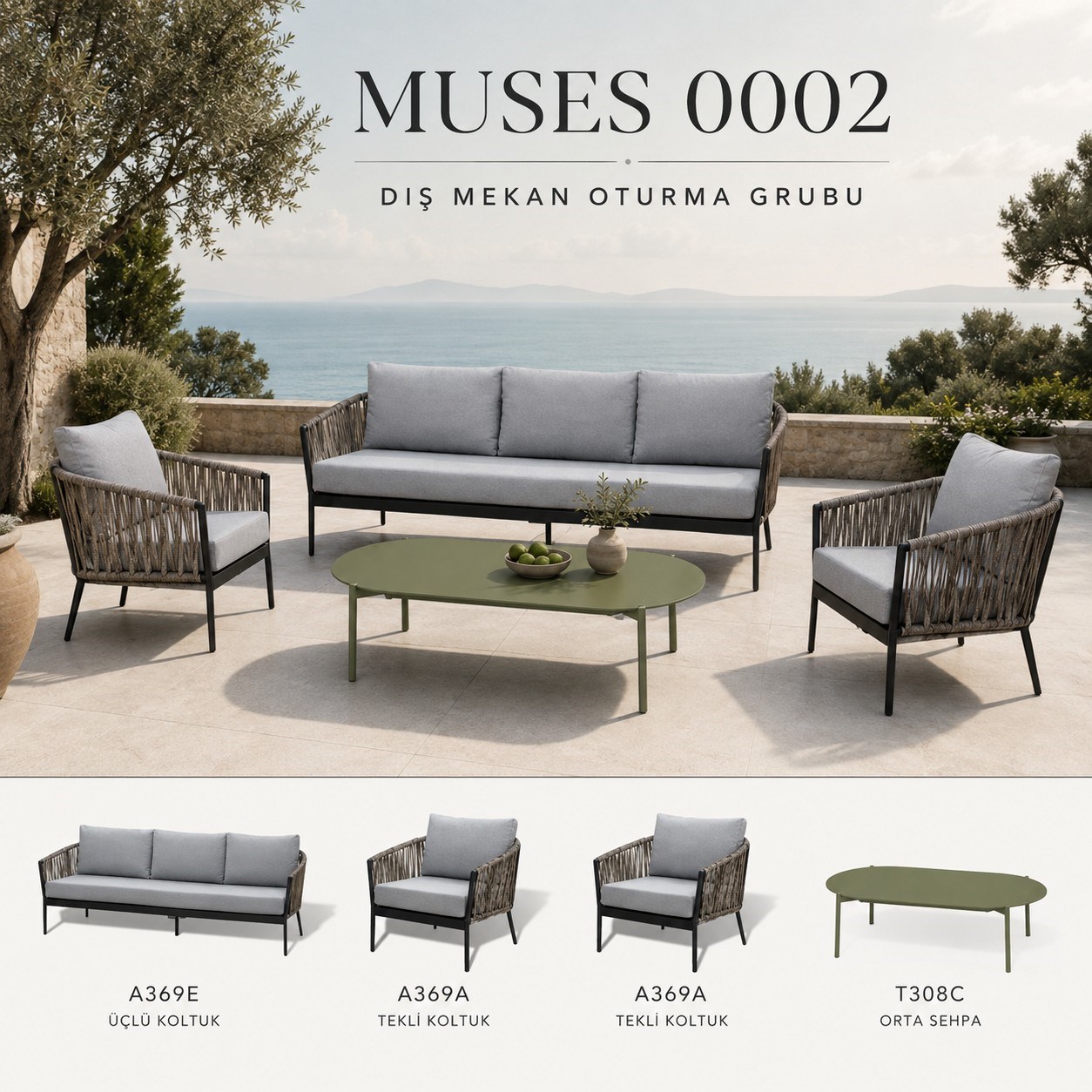Muses Oturma Takımı: 3'lü+2 Tekli+Orta Sehpa, Doğal/Antrasit Alüminyum