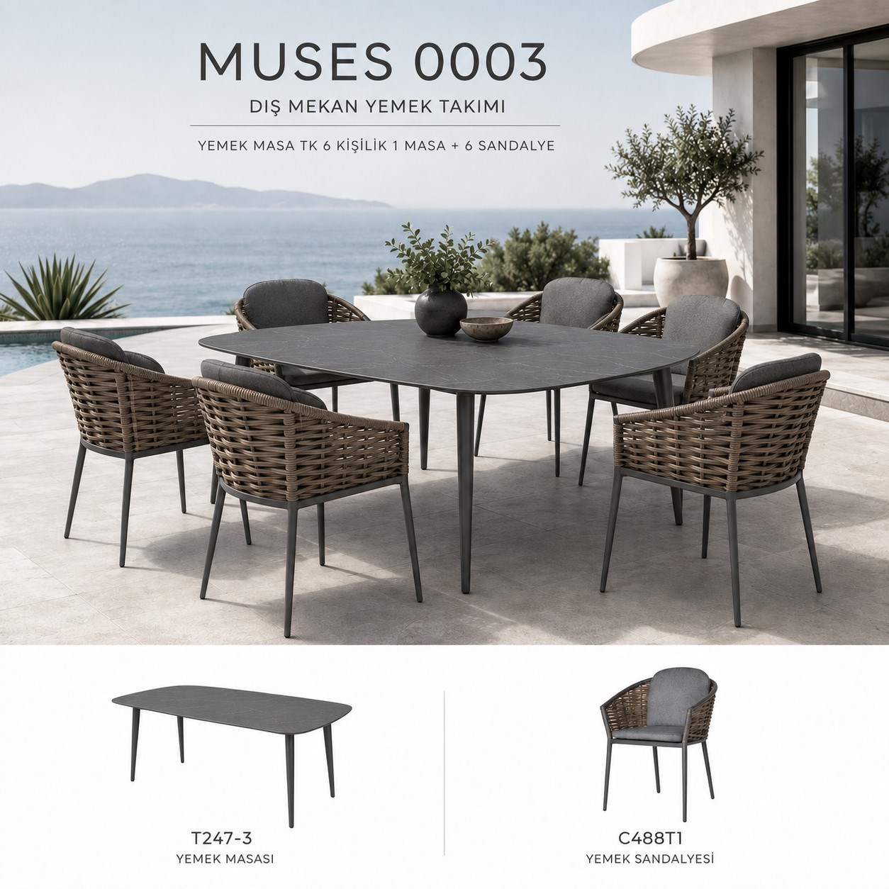 Muses 6 Kişilik Yemek Takımı: 180 cm Masa ve 6 Sandalye, Antrasit Alüminyum