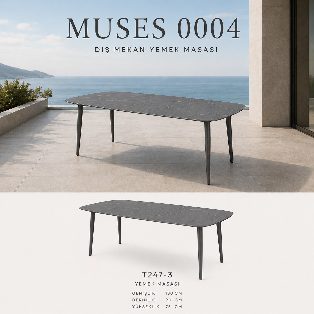 Muses 6 Kişilik Yemek Masası 180x90x75 cm, Gri Taş/Antrasit Alüminyum