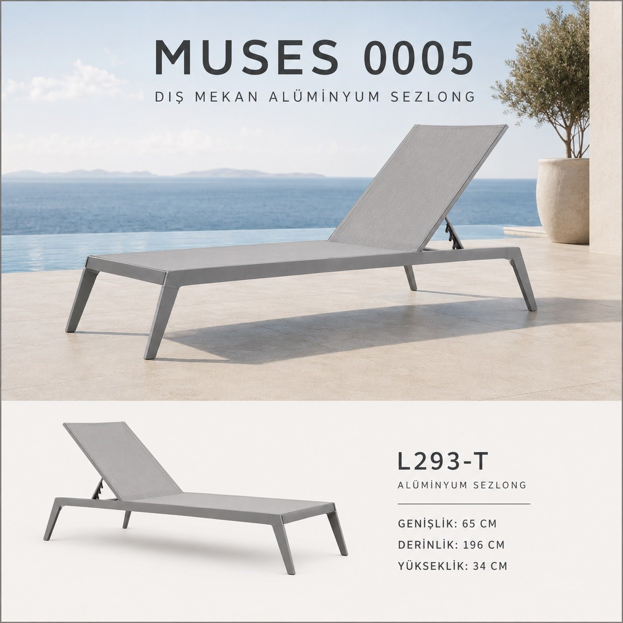 Muses Alüminyum Şezlong 192x65x35 cm, Antrasit Textilene Kumaş Alüminyum