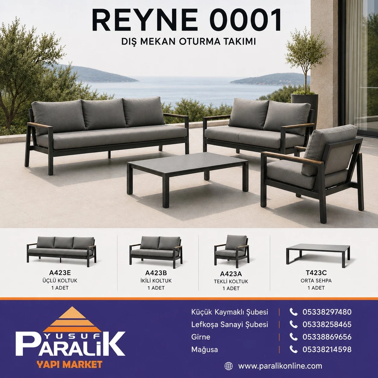 Reyne Oturma Takımı: 3'lü+2'li+Tekli+Orta Sehpa, Teak/Antrasit Alüminyum