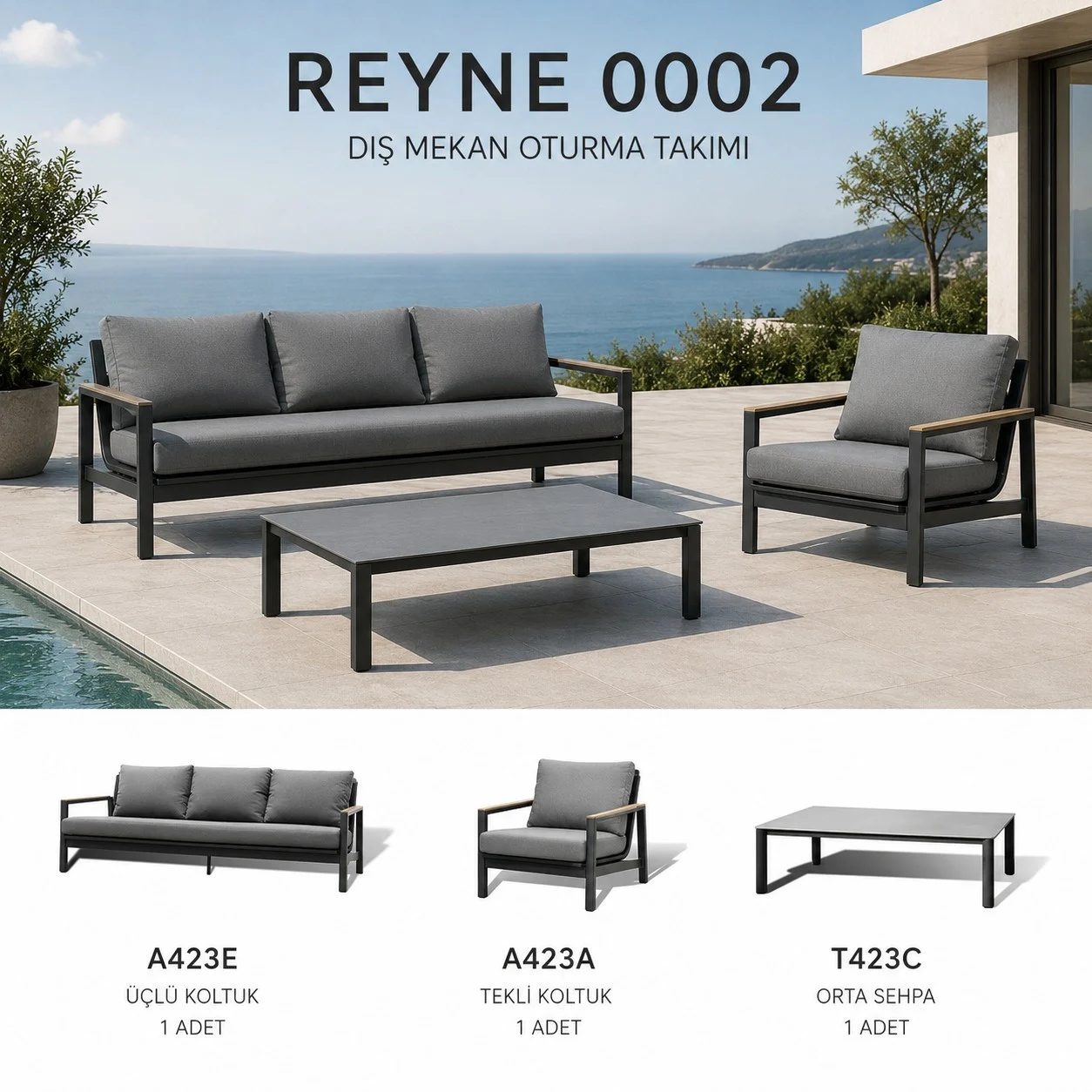 Reyne Oturma Takımı: 3'lü+Tekli+Orta Sehpa, Teak/Antrasit Alüminyum
