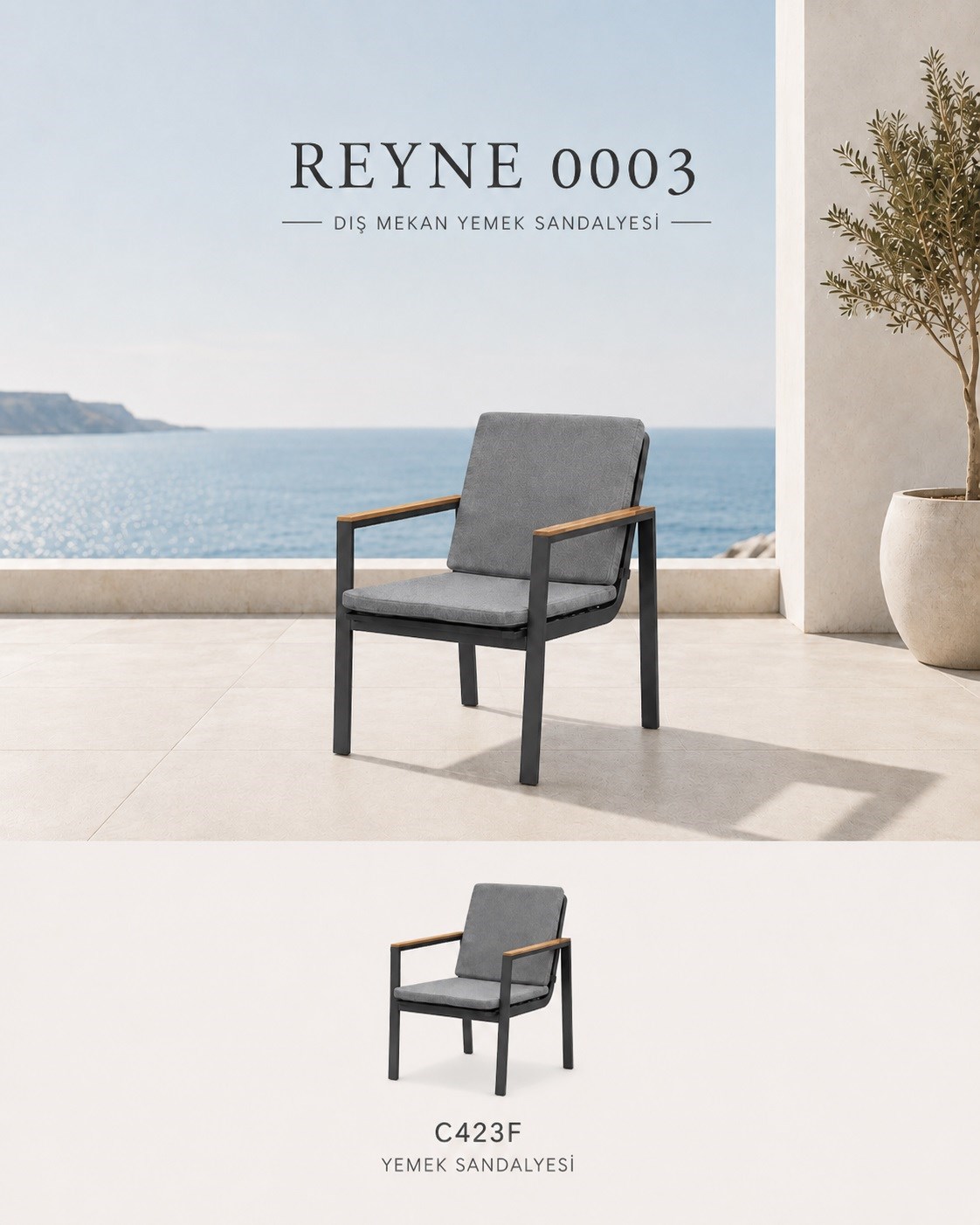 Reyne Yemek Sandalyesi 60x66x86 cm, Teak Kollu Antrasit Alüminyum