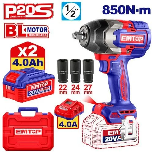 Emtop Akülü Somun Sıkma 850Nm 20V 4Ah (2Akü+Sarjer)