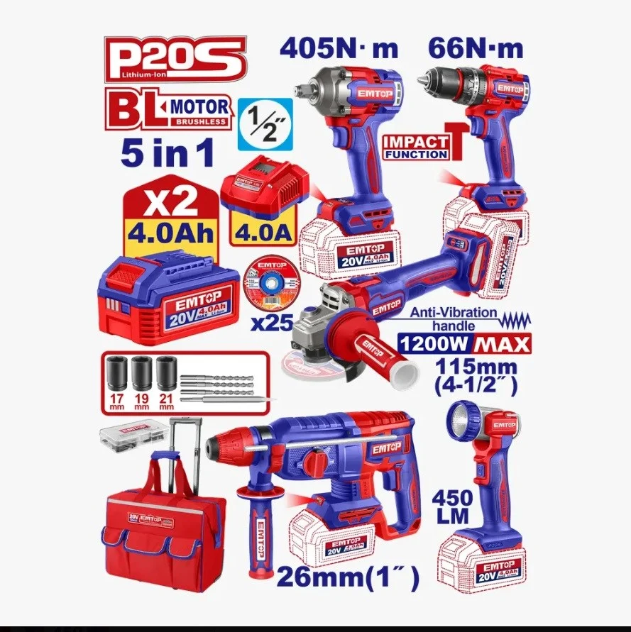 Emtop Akülü 5'Lı Endüstriyel Set 20V 4Ah (2Akü+Sarjer)