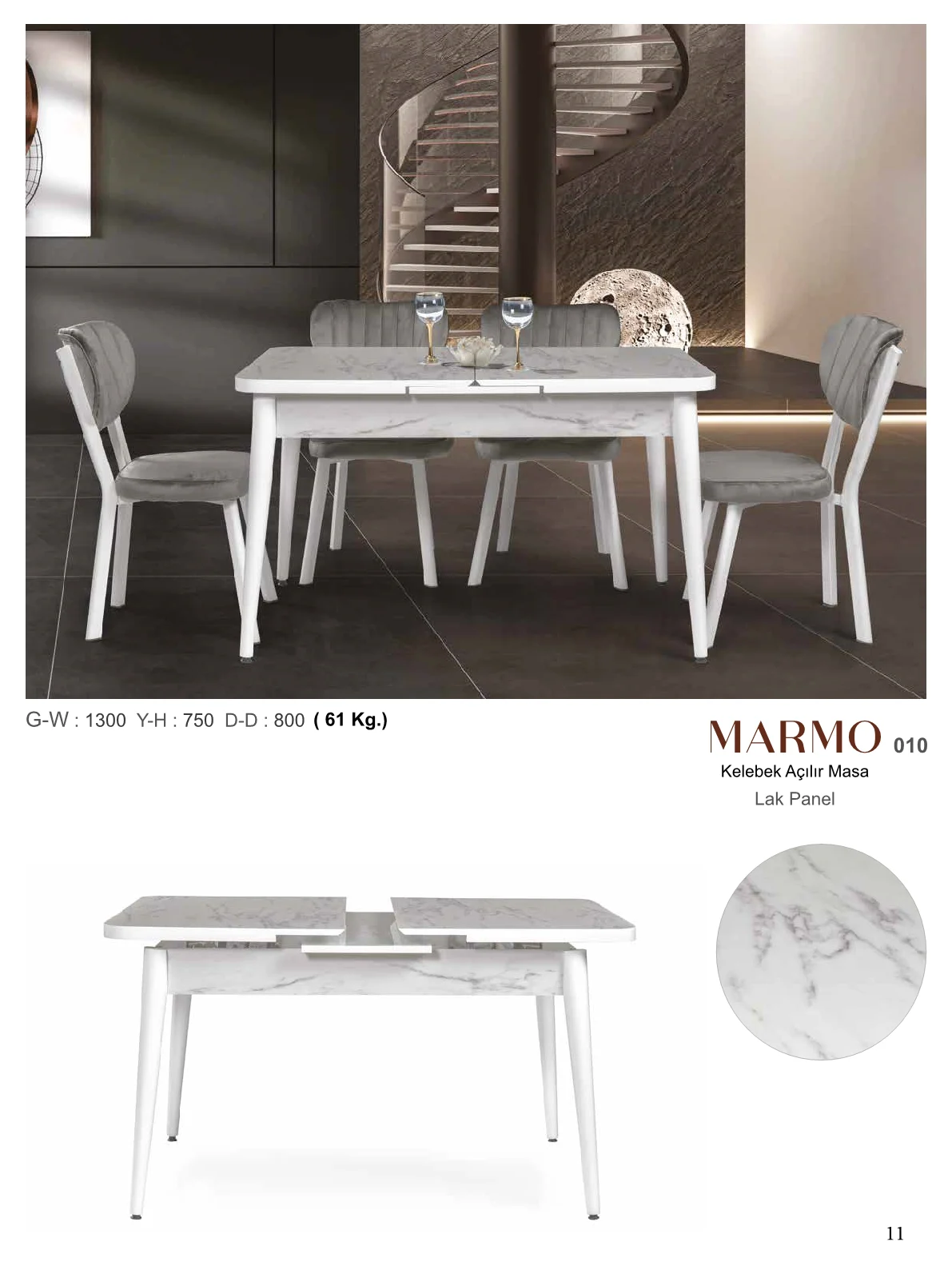 Kelebek Açılır Masa Marmo Lak Panel 130CMx75CMx80CM