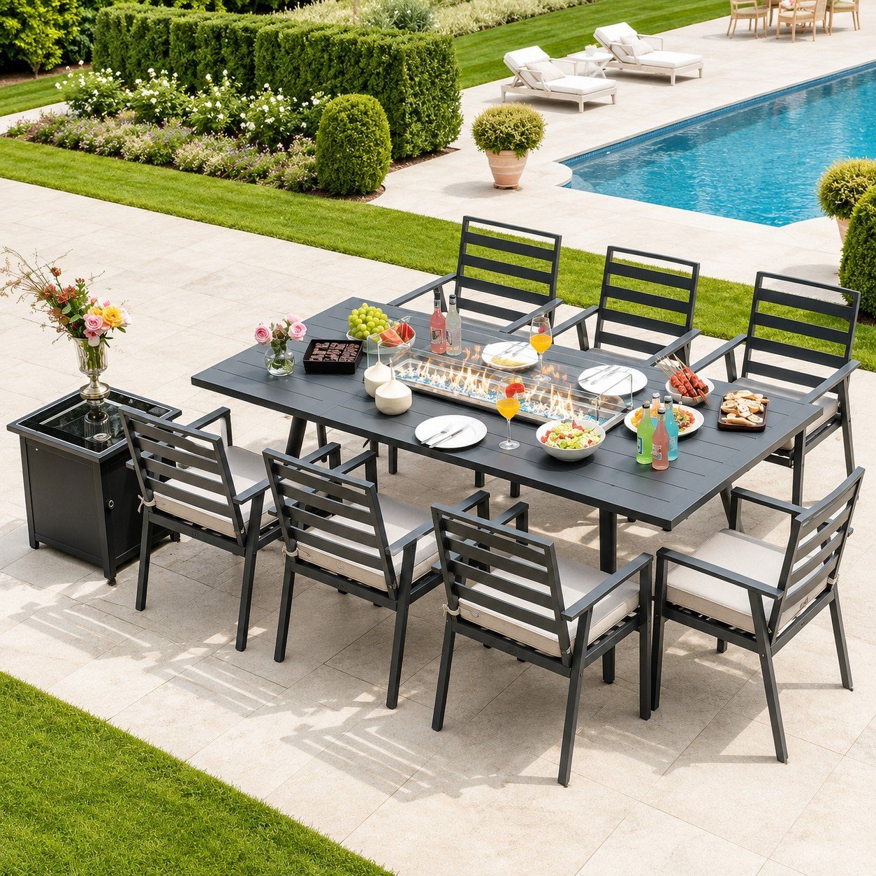 Bahçe Yemek Seti 6 Sandalye+Fire Pit Masa(205X90X75CM)+Yan Sehpa Aleminyum Gövde