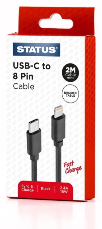 2 Metre USB-C 8 Pin Siyah Hızlı Şarj Kablosu
