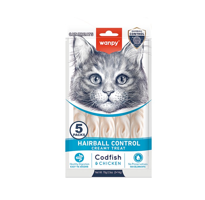 Wanpy Functional Creamy Lickable Cat Treat Codfish & Chicken (Hairball Control) 70gr