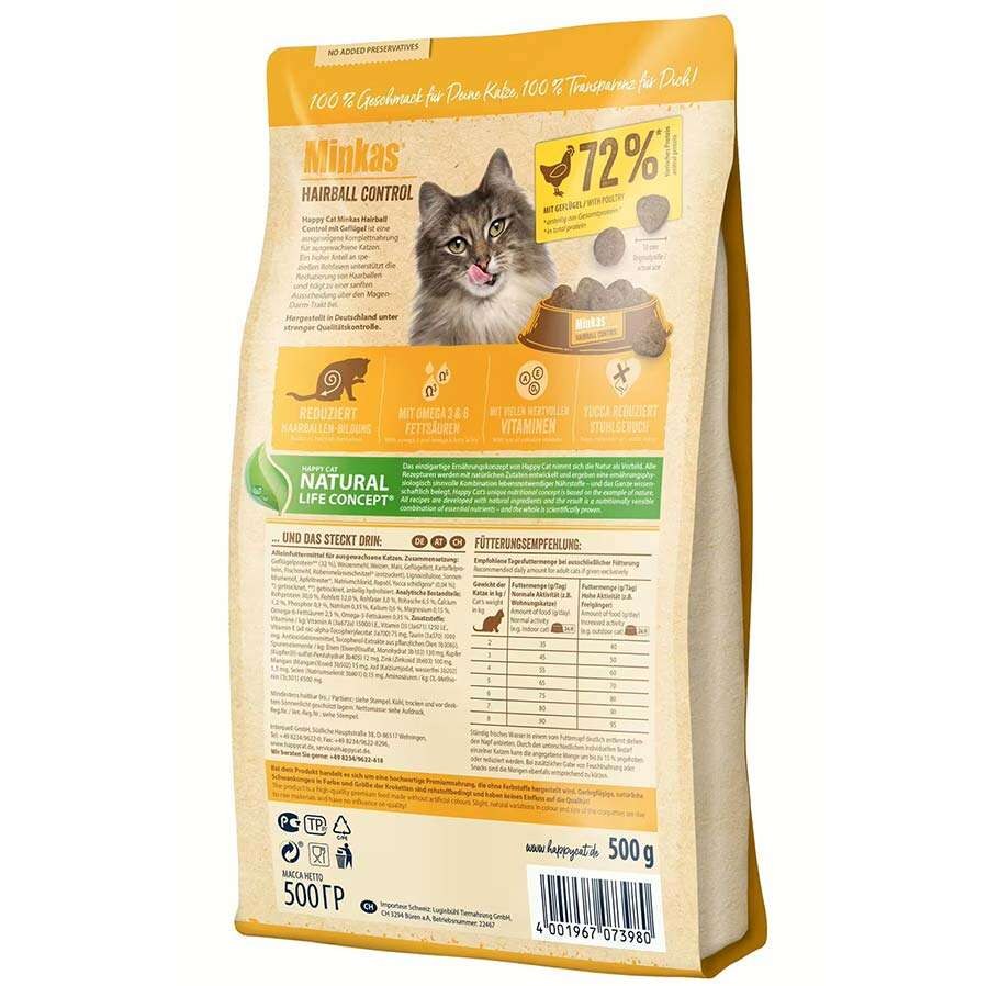 Minkas Hairball Control Poultry Cat Food 500 g