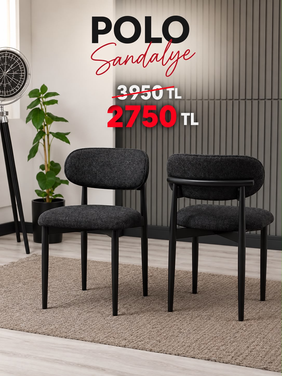 Polo Siyah Kumaş Döşemeli Metal Ayaklı Sandalye