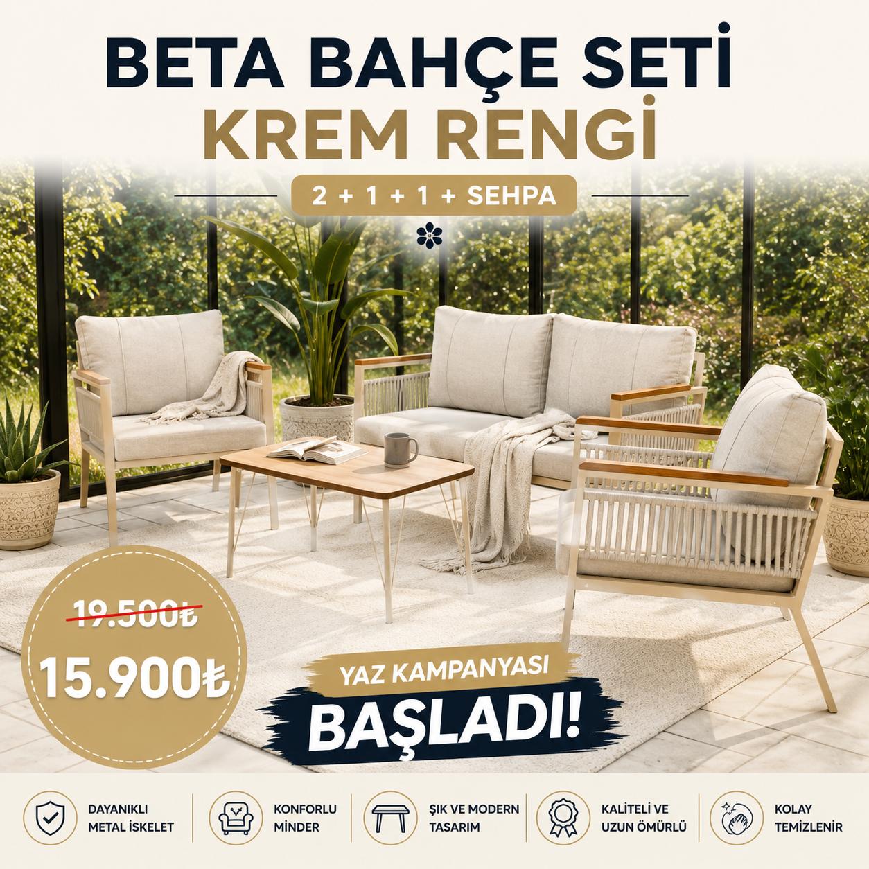 Beta Bahçe Seti 2+1+1 ve Sehpa Krem