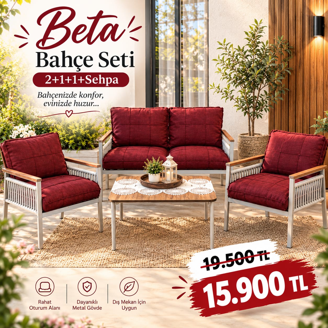 Beta Bahçe Seti 2+1+1 ve Sehpa Bordo