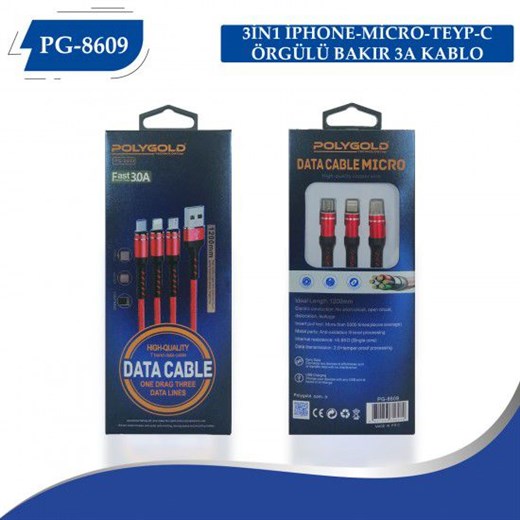 PG-8609 Fast 3.0A 3 Çıkışlı Şarj Kablosu