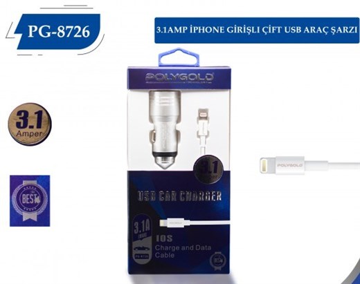 PG-8726 USB Araç Şarj Cihazı ve Apple Kablo