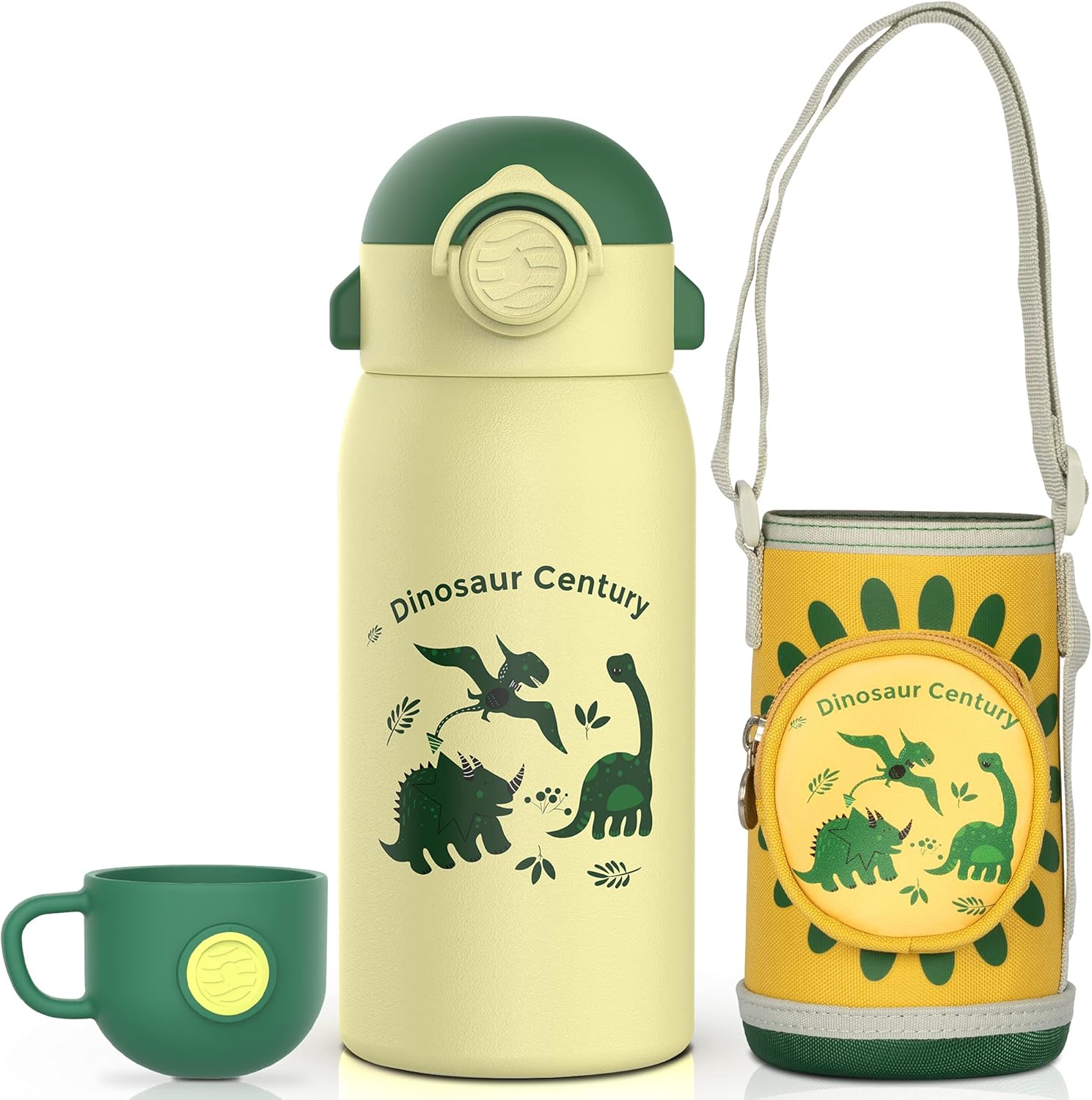 FEIJIAN Fjbottle Çocuklar için Pipetli Termos 450 ml – Brachiosaurus Sarı