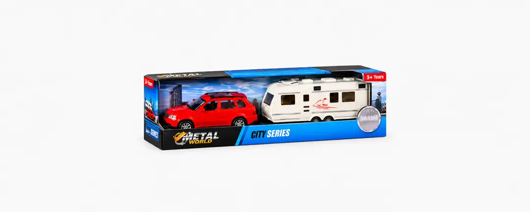 Metal World City Series Oyuncak SUV Araba ve Çekme Karavan Seti – Kırmızı