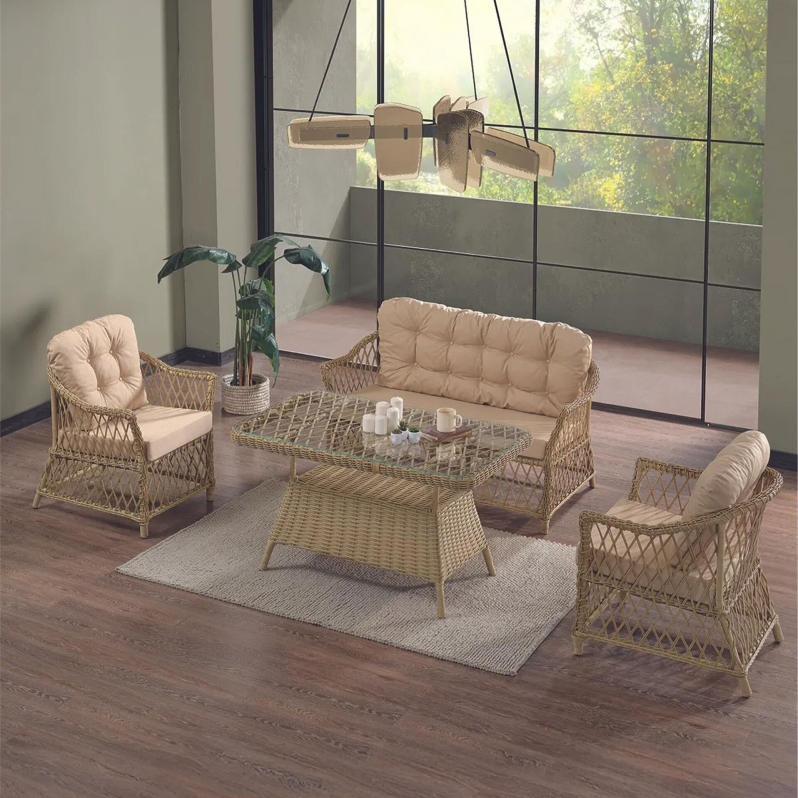 Oturma Grubu Icon Rattan 2+1+1 Cam MASA Cappu