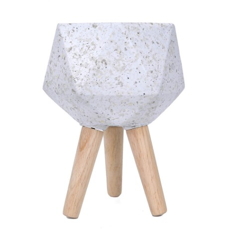 White Slate-Pattern Hexagonal Plant Pot with Wooden Legs