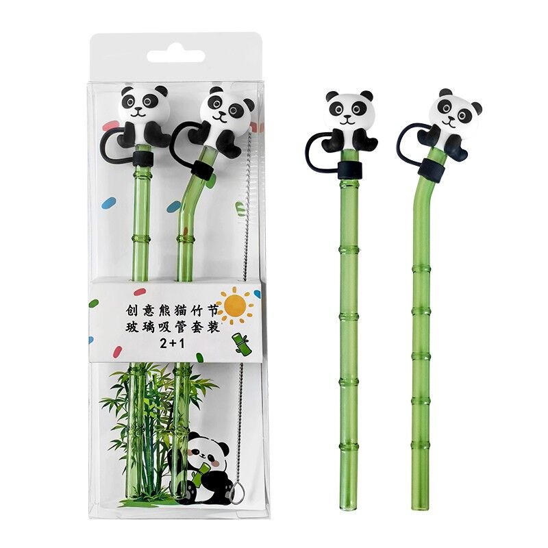 Pipet Cam Bambu Tasarım Panda Kapaklı 2li