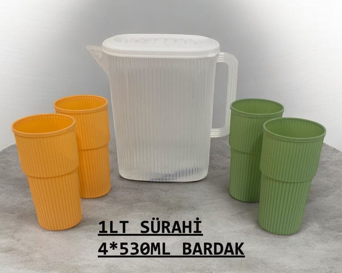 Sürahi 4 Bardak Set 3lt PP Şeffaf Gri