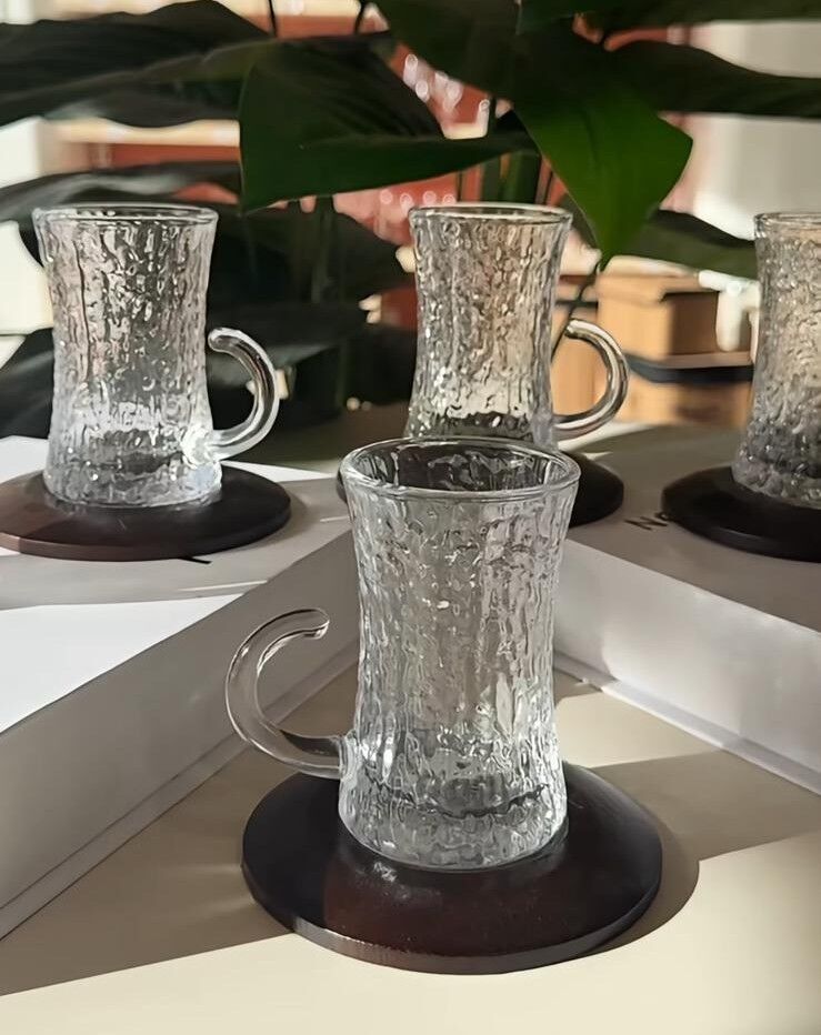 Çay Bardağı Seti Cam Dokulu Kulplu Set