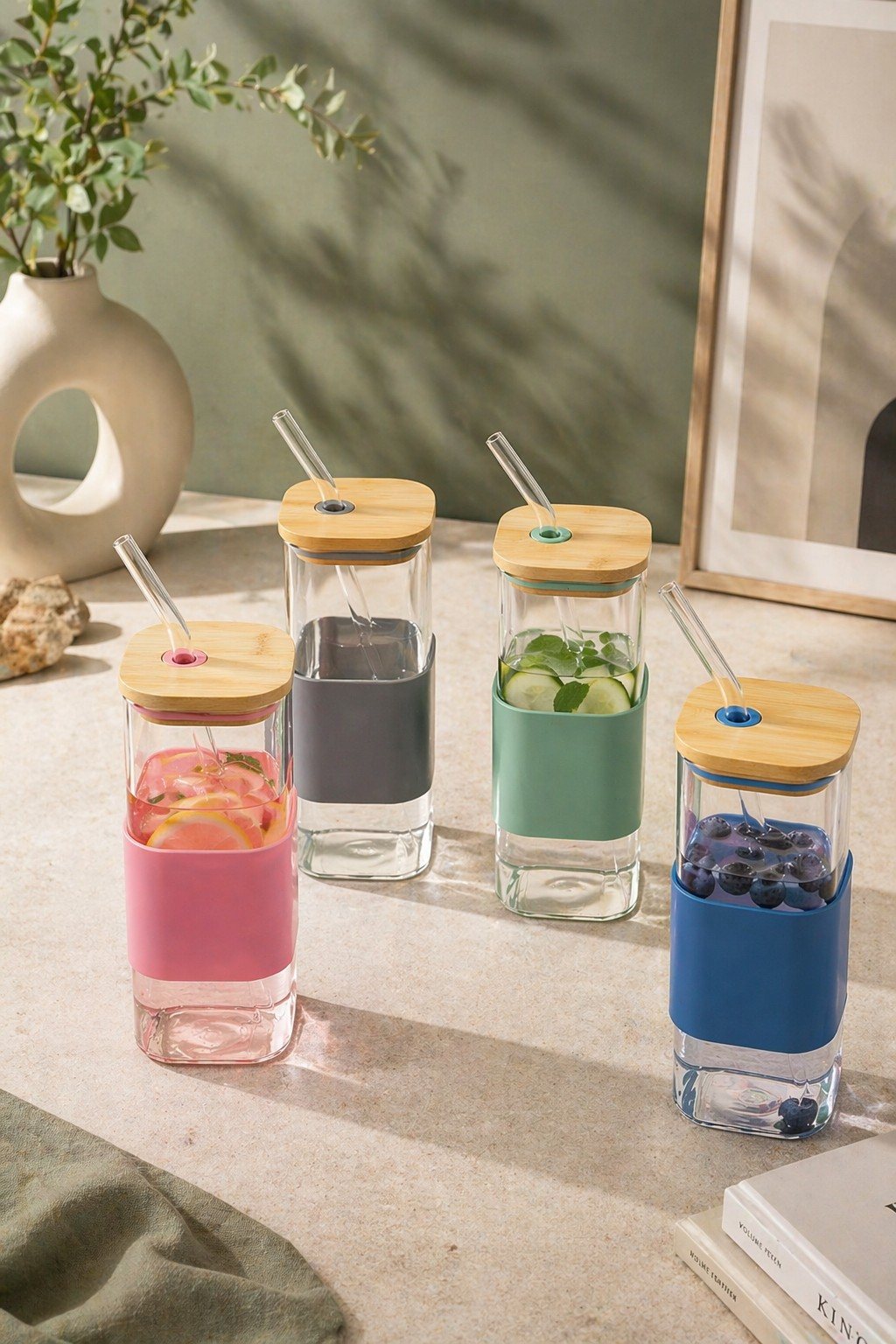 Kupa Cam Pipetli Bambu Kapaklı Kare 400ml