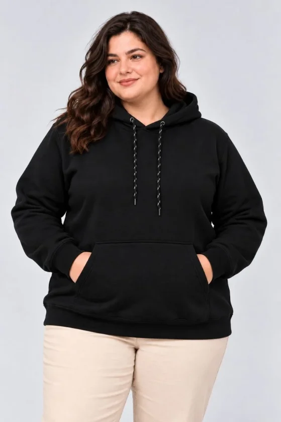 Battal Büyük Beden Üç İplik İçi Şardonlu Kapüşonlu Kanguru Cepli Kışlık Sweatshirt - Siyah