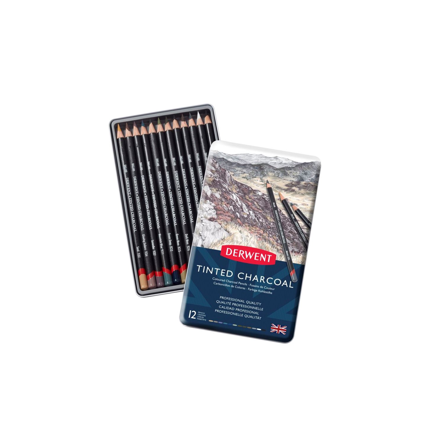 Derwent Tinted Charcoal Sulandırılabilen Renkli Füzen Kalem Seti 12 Renk