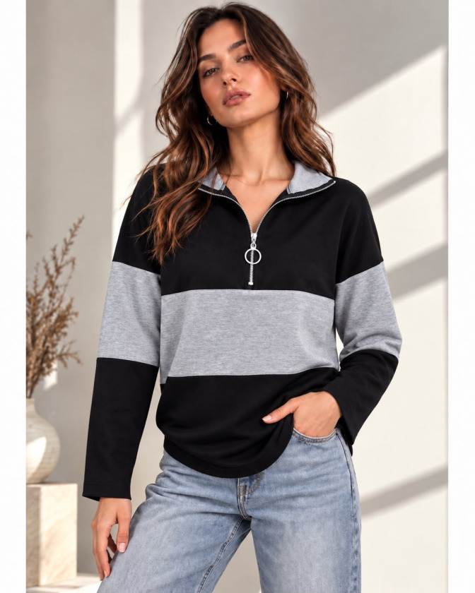Kadın Fermuarlı Yaka Renk Bloklu Sweatshirt Üst