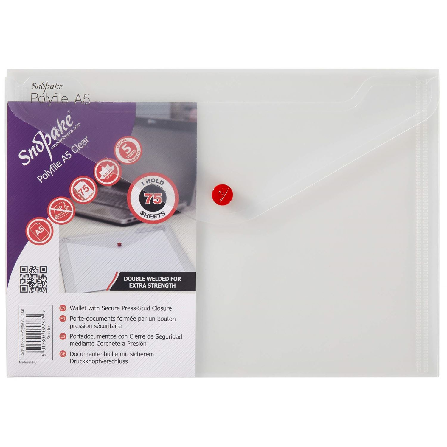 Snopake Polyfile 11382, прозрачная папка A5 на кнопке