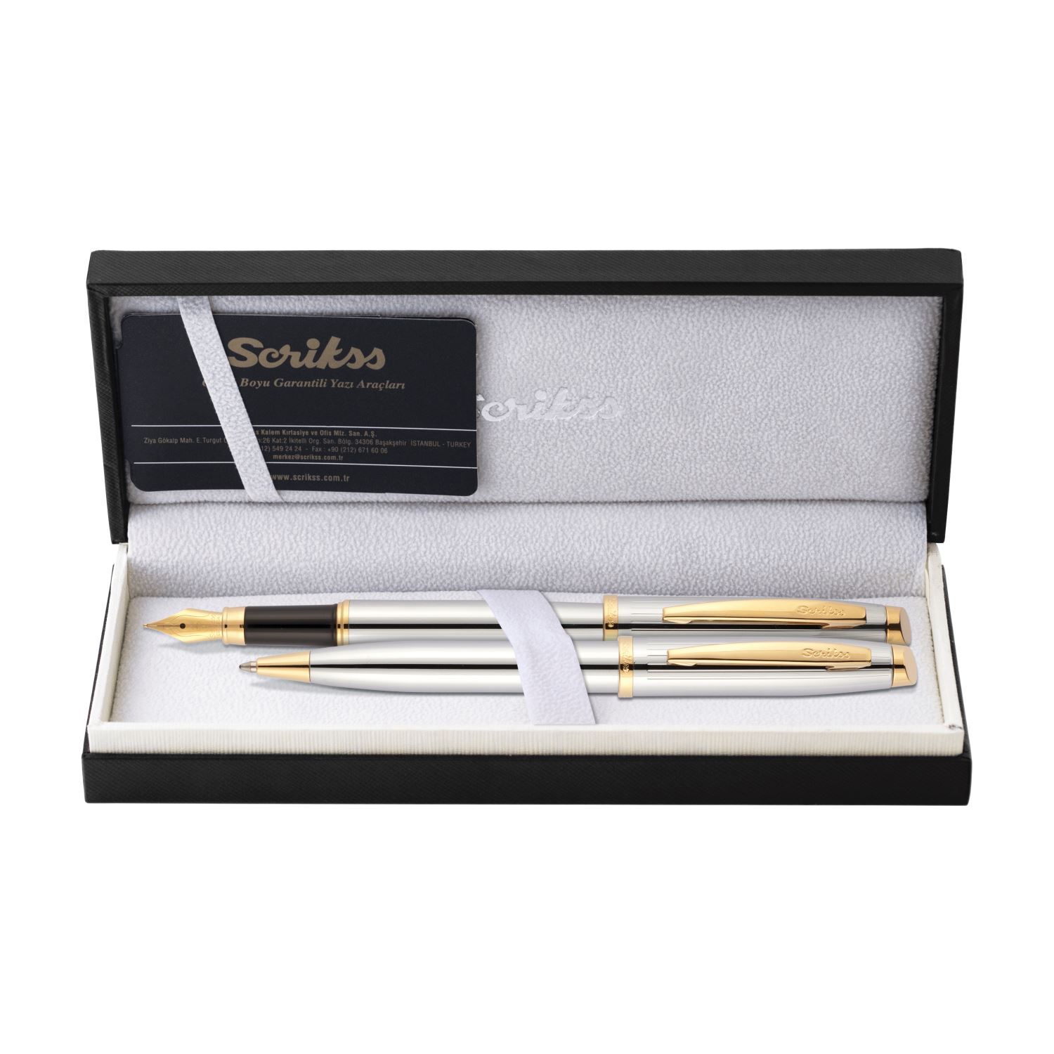 Scrikss 39 Oscar Chrome and Gold Fountain Pen and Ballpoint Pen Set