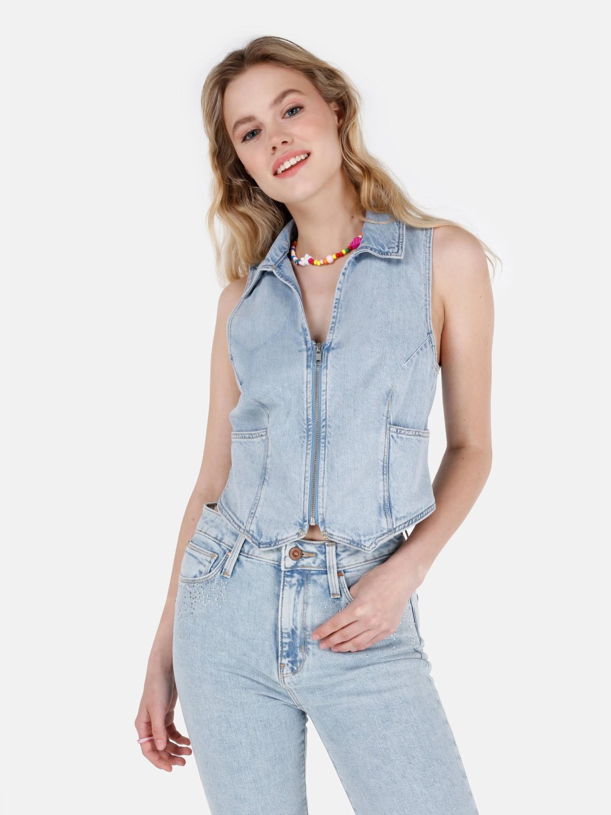 Denim Kadın Yelek Slim Fit