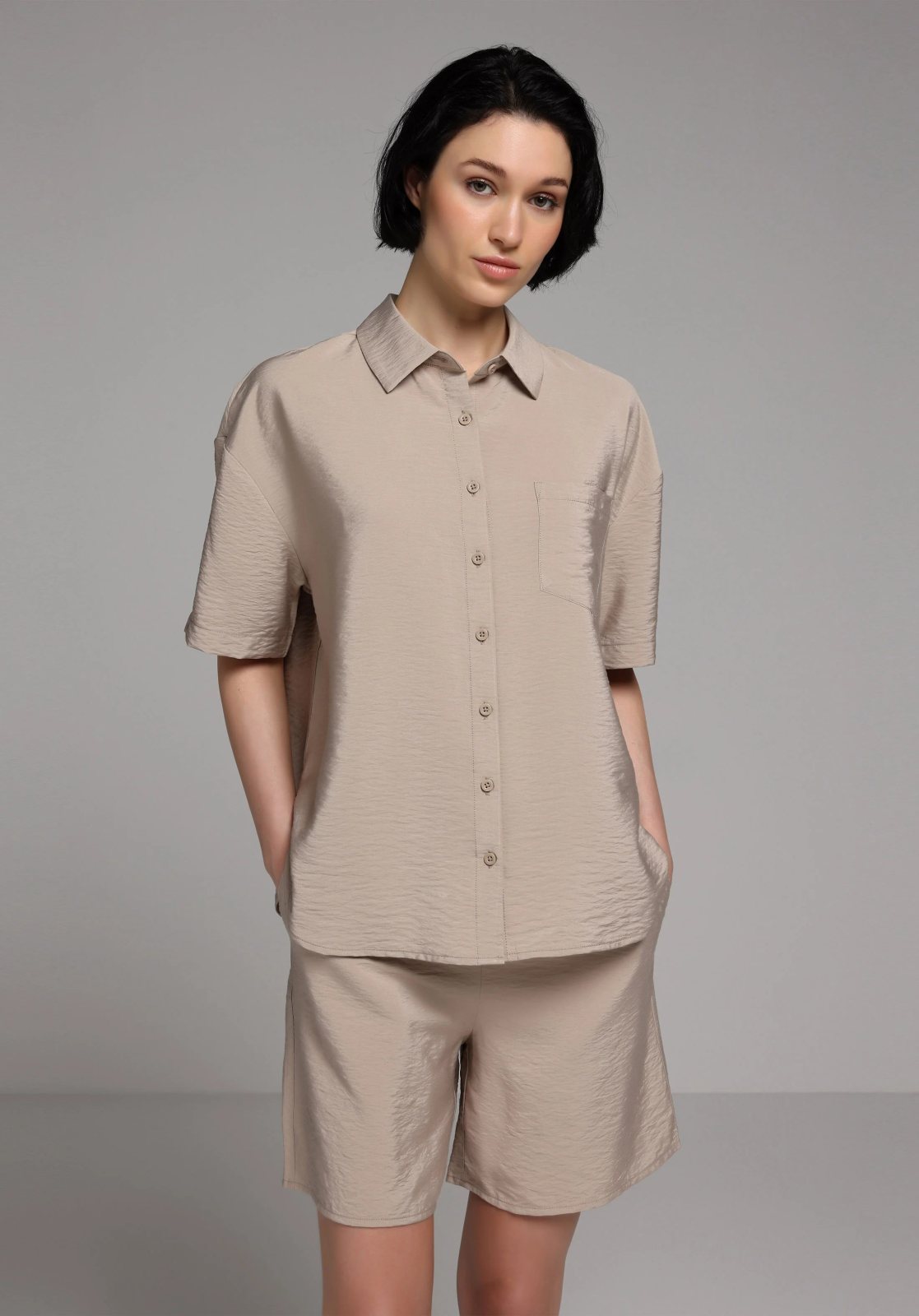 Dokuma Üst Kadın Kısa Kol Gömlek Fashion Fit
