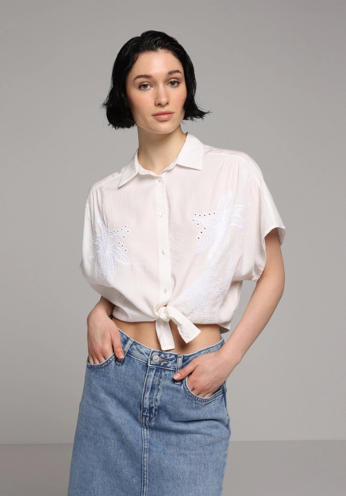 Dokuma Üst Kadın Kısa Kol Gömlek Fashion Fit