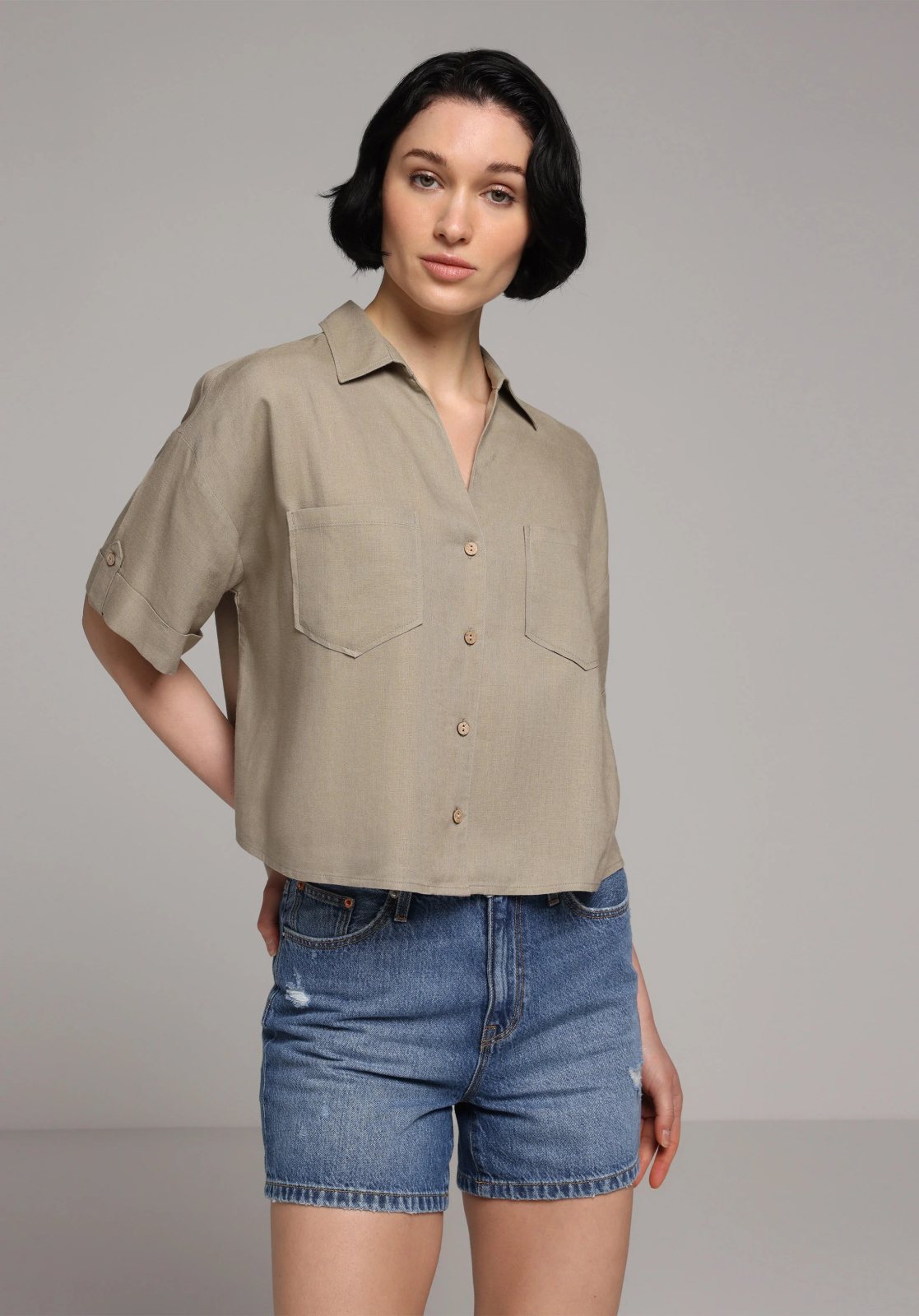 Dokuma Üst Kadın Kısa Kol Gömlek Fashion Fit
