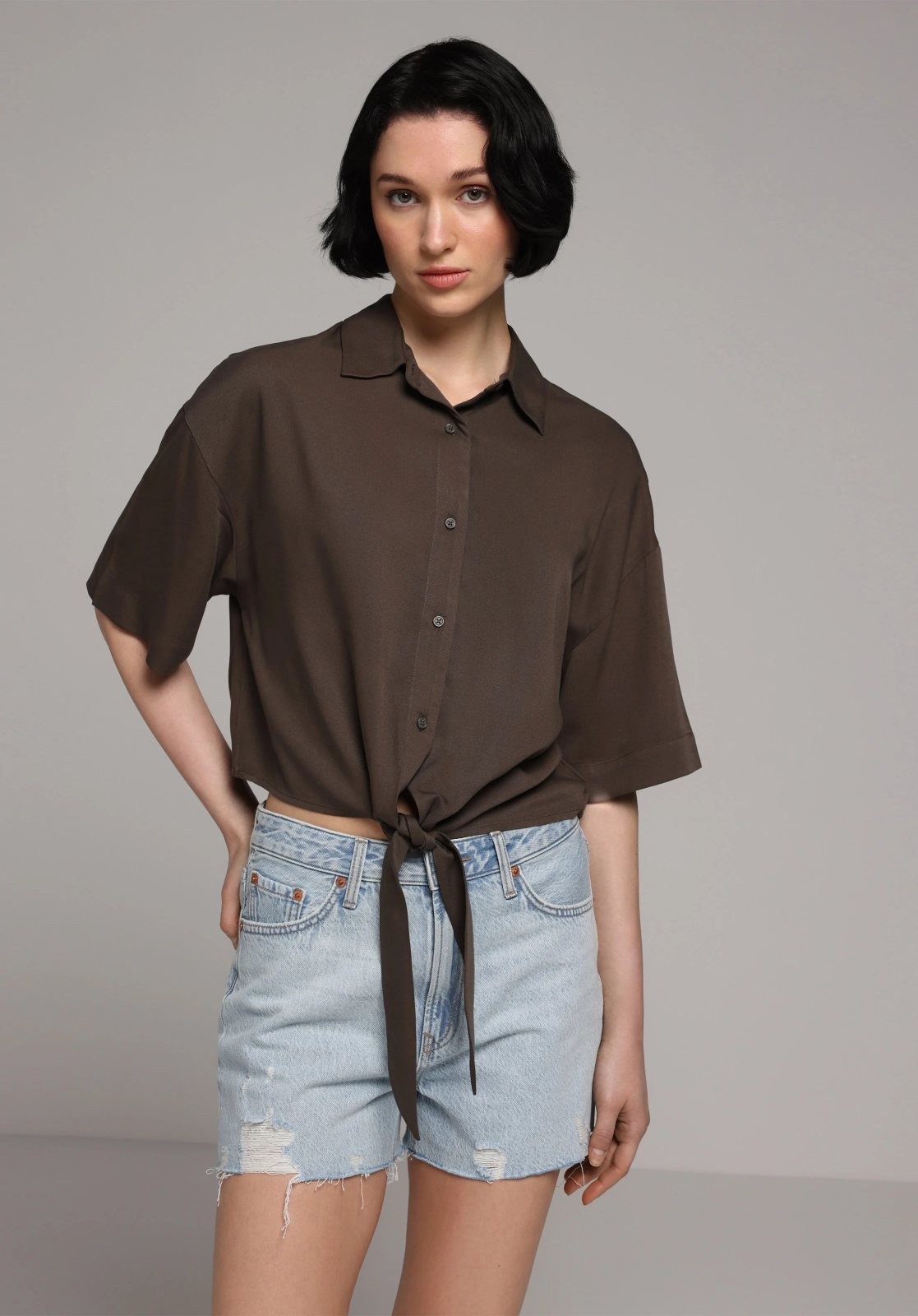 Dokuma Üst Kadın Kısa Kol Gömlek Fashion Fit