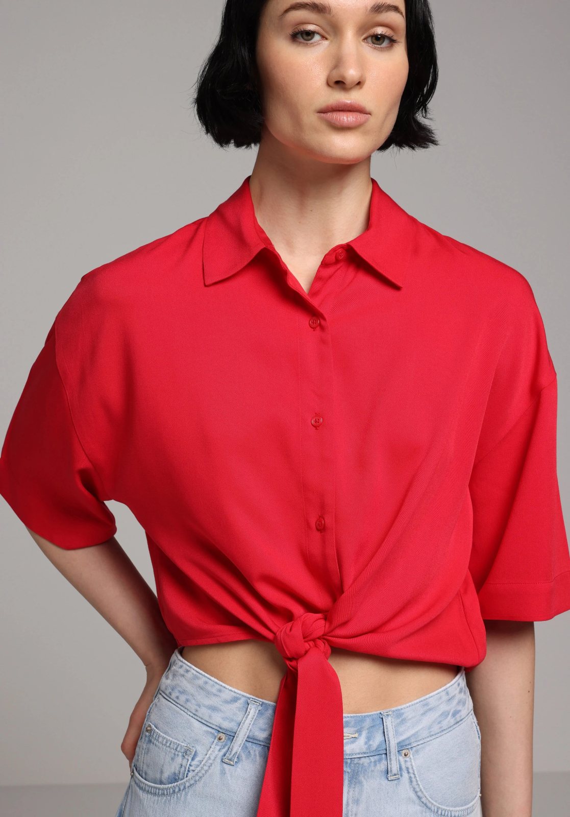 Dokuma Üst Kadın Kısa Kol Gömlek Fashion Fit