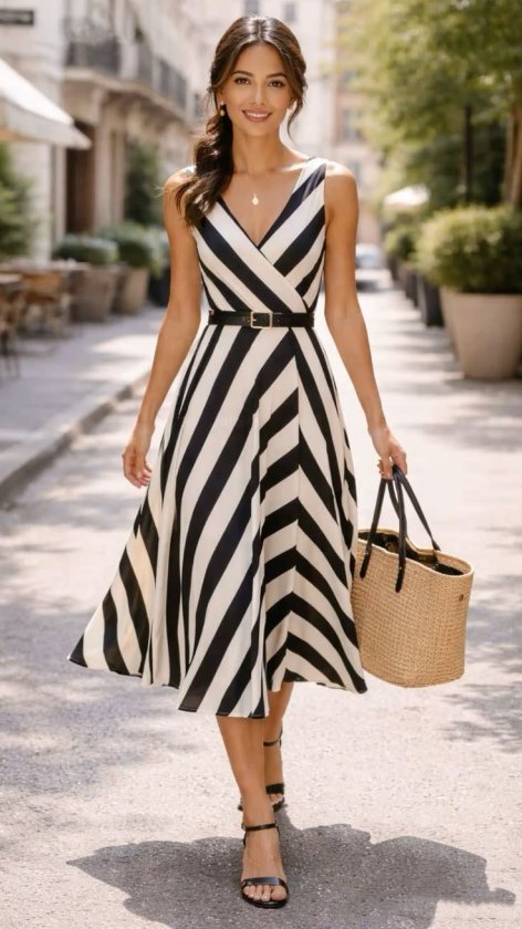 Girince 188507 Striped Midi Dress with Straps