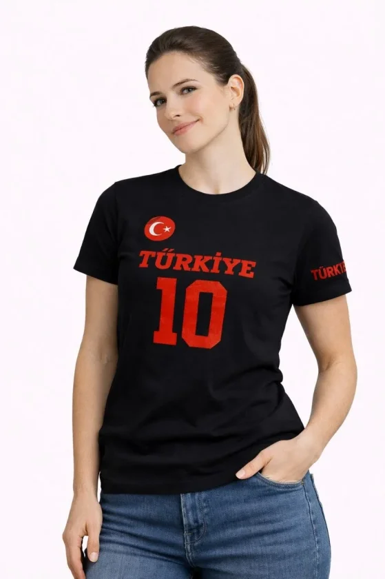 TÜRKİYE Ay Yıldız Baskılı 10 Numara Forma Tişört Taraftar T-Shirt - Siyah
