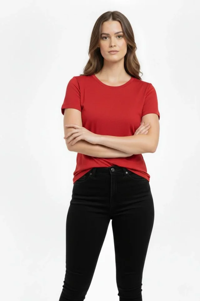 T-Shirt Bisiklet Yaka Slim Fit Likralı Tişört Günlük Basic Body - Kırmızı