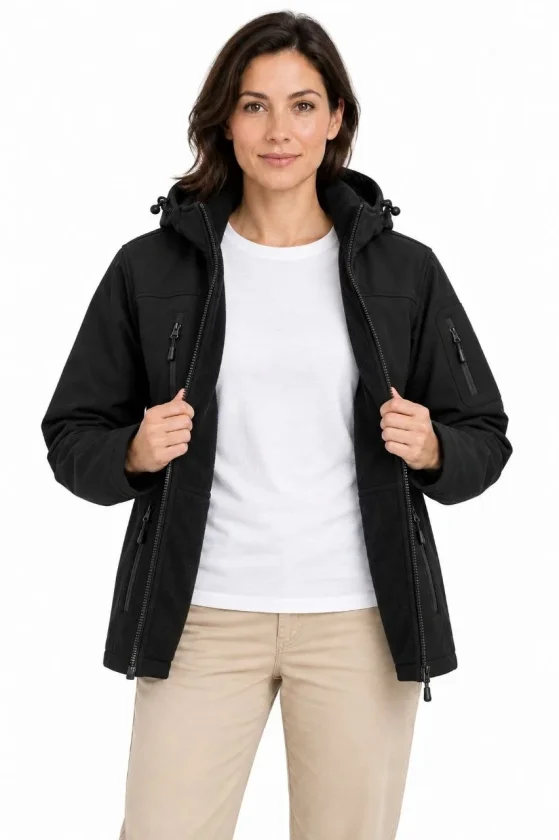Su Geçirmez Softshell İçi Polar Astarlı Çıkarılabilir Kapüşonlu 4 Cepli Mont Ceket - Siyah