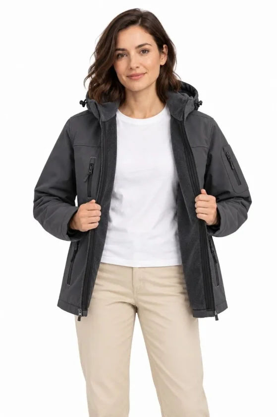 Su Geçirmez Softshell İçi Polar Astarlı Çıkarılabilir Kapüşonlu 4 Cepli Mont Ceket - Füme