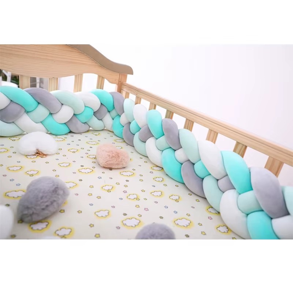 Uyku Pamuk Bebek Yatağı Karyolası Bebek Beşik Örgü Düğüm Yastık Korumak İçin Örgülü Bebek Beşik Tampon Yenidoğan 3Metre Gri-Mavi
