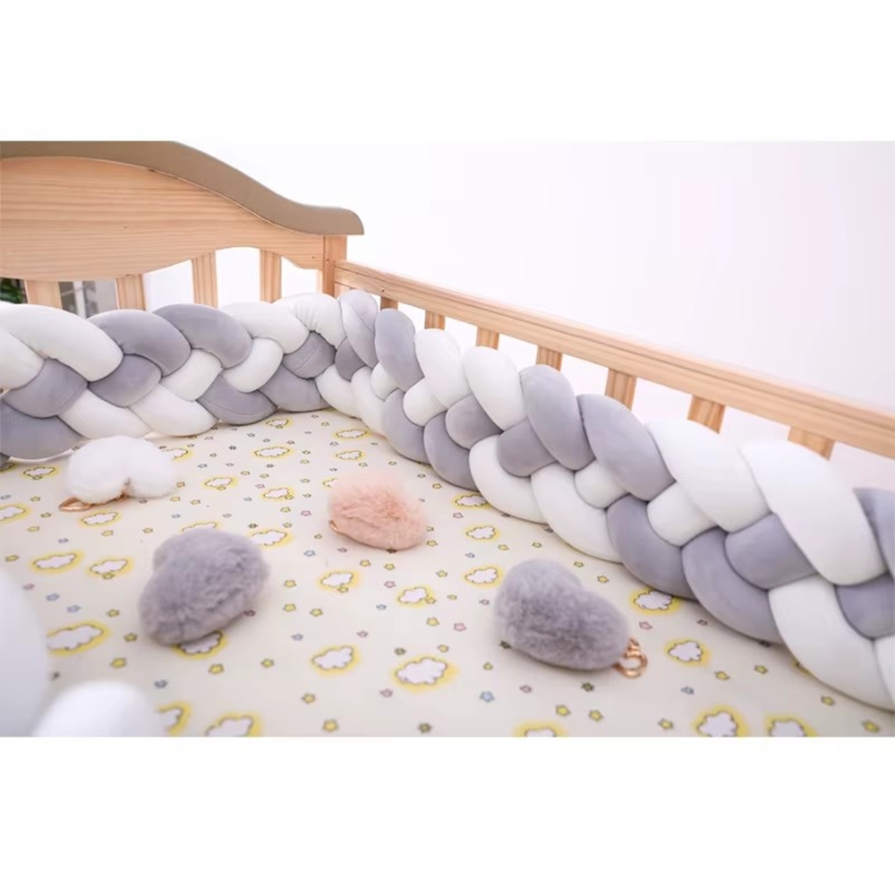 Uyku Pamuk Bebek Yatağı Karyolası Bebek Beşik Örgü Düğüm Yastık Korumak İçin Örgülü Bebek Beşik Tampon Yenidoğan 3Metre Gri-Beyaz