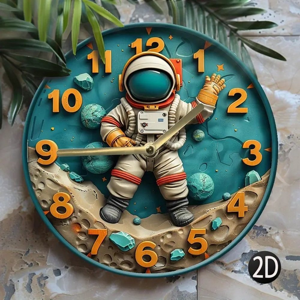 Astronot Temalı Sessiz Duvar Saati 2D