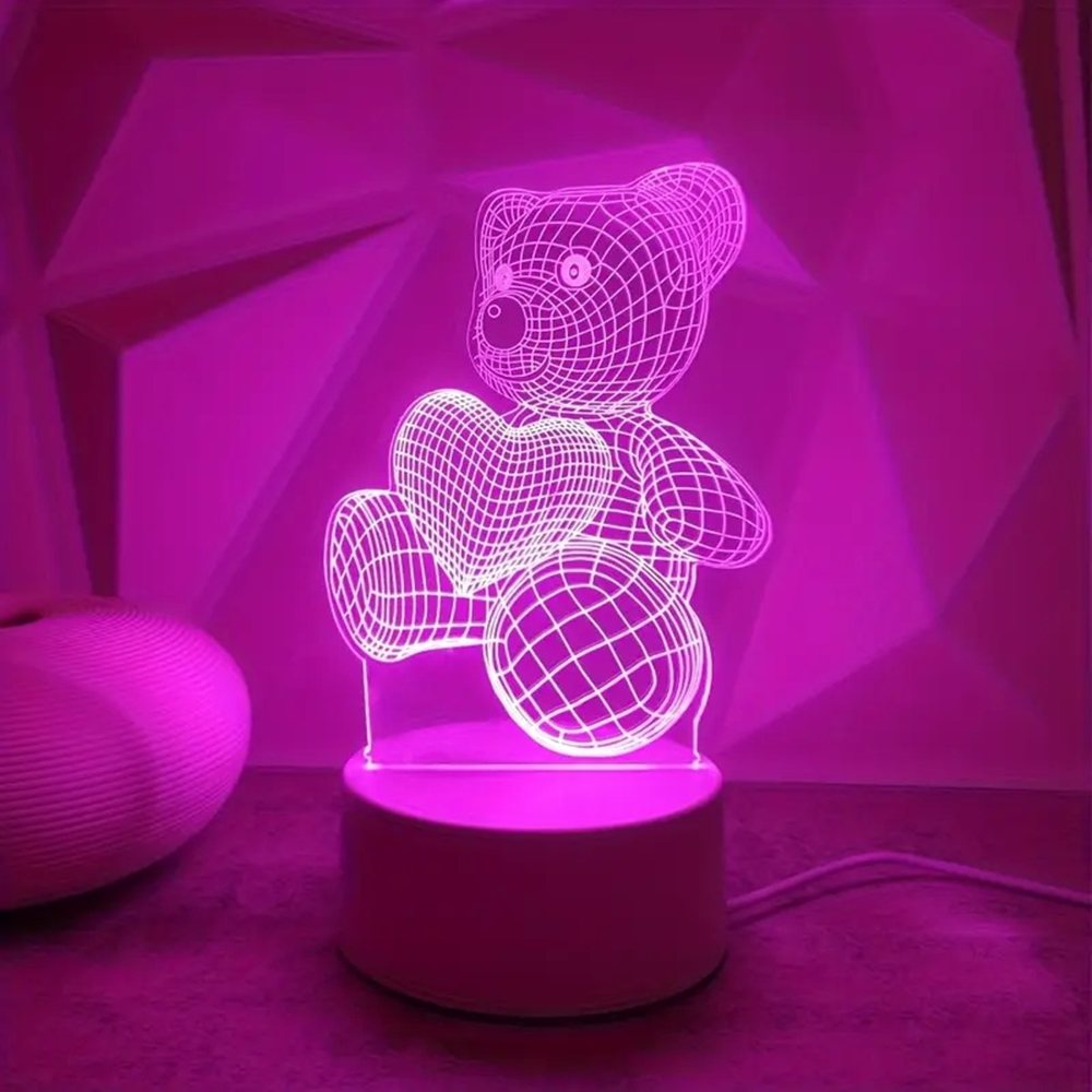 Pembe Kalp Ayı 3D Gece Lambası – USB ile Çalışan, Anahtar Kontrollü Modern Yatak Odası Dekoru