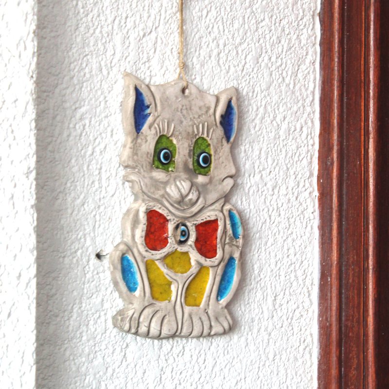 Seramik Kedi Duvar ve Kapı Süsü El Yapımı Nazar Boncuklu